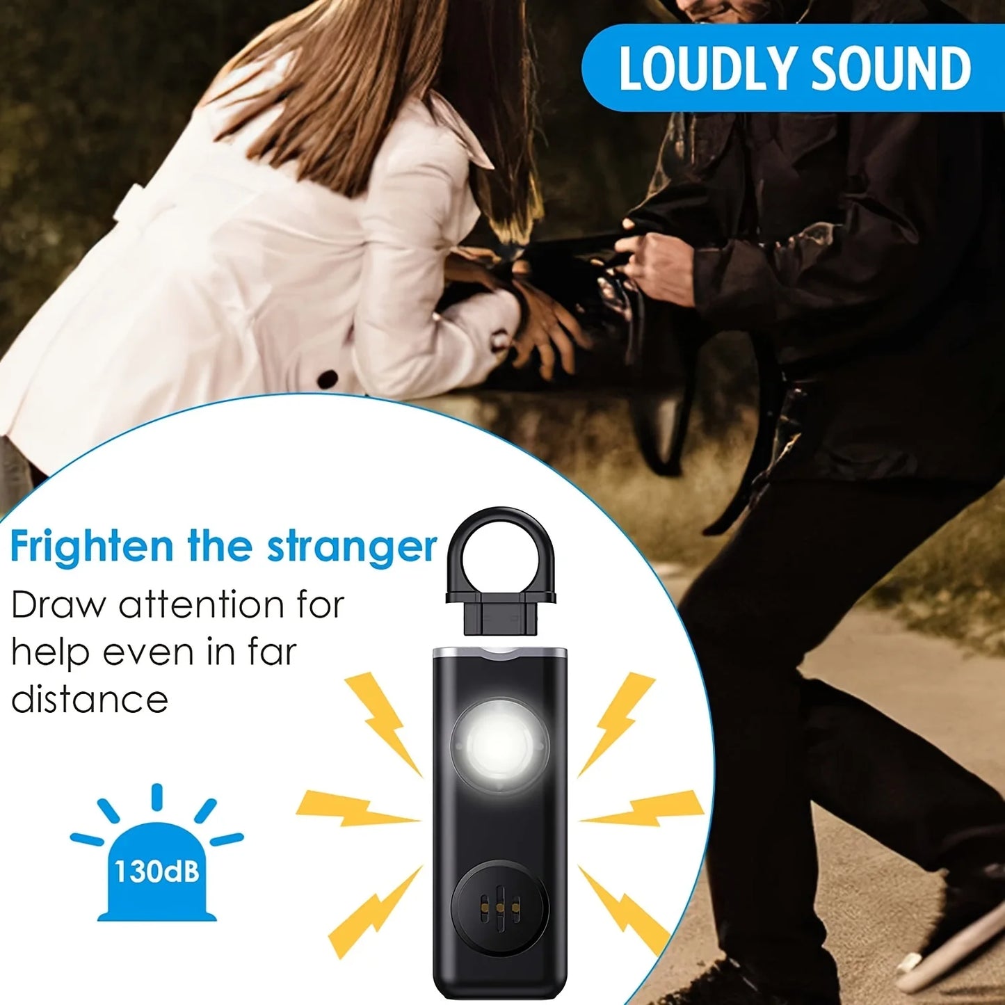 130dB Personal Safety Alarm – Rechargeable Keychain Siren for Self-Defense & Emergency Alerts, Loud & Compact for All Ages